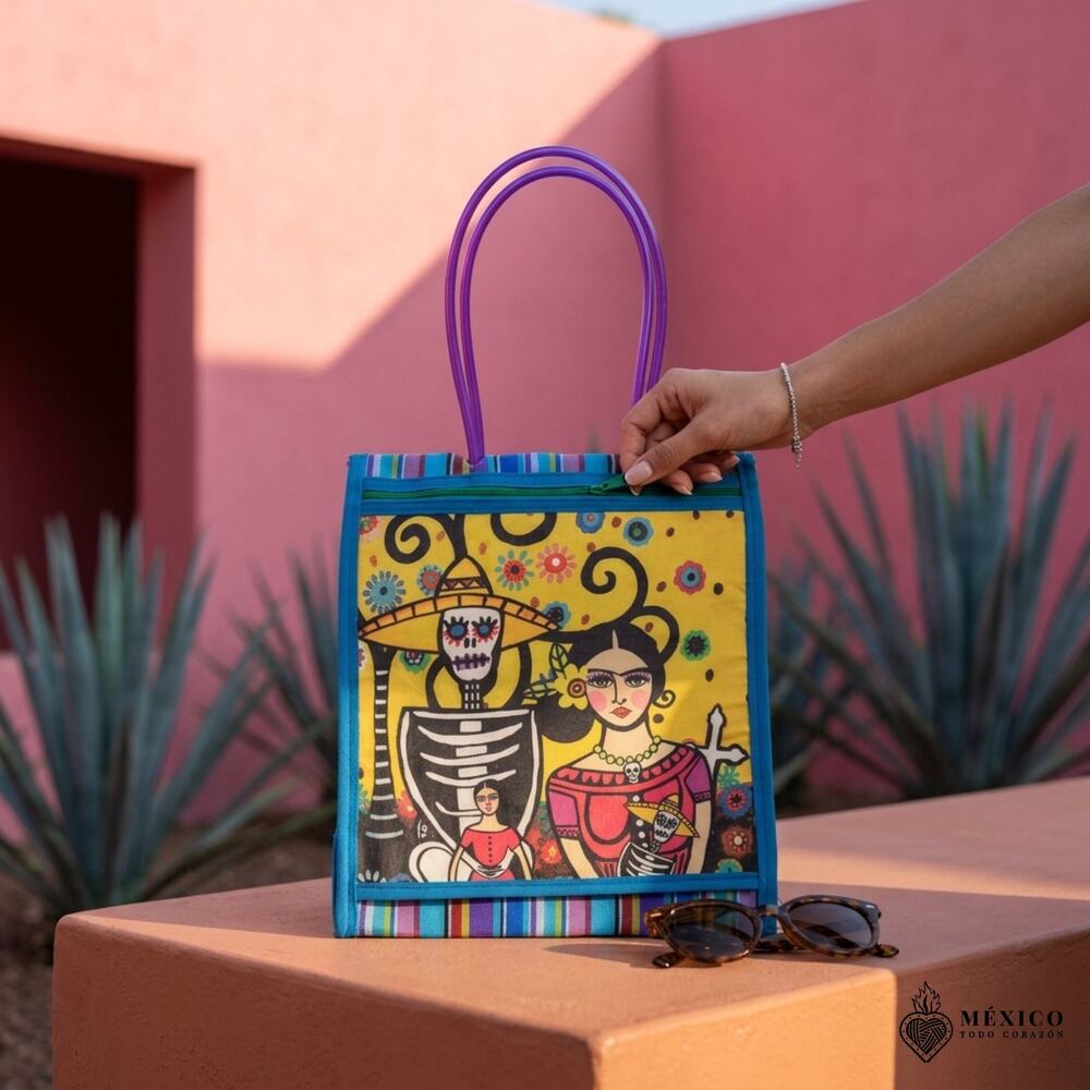 Traditional Mexican  Bag – Colorful Reusable Plastic 11x13 inches side pocket